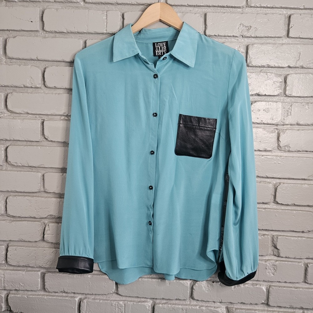 Love & Liberty Womens Shirt Medium‎ Silk Lambskin Blouse Teal